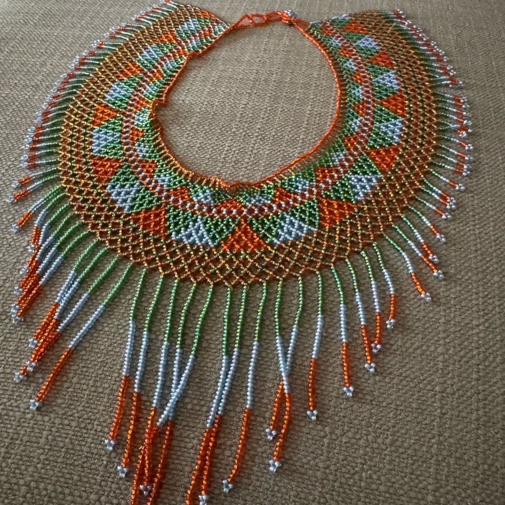 Handcrafted Beaded Necklace - Orange, Green, White